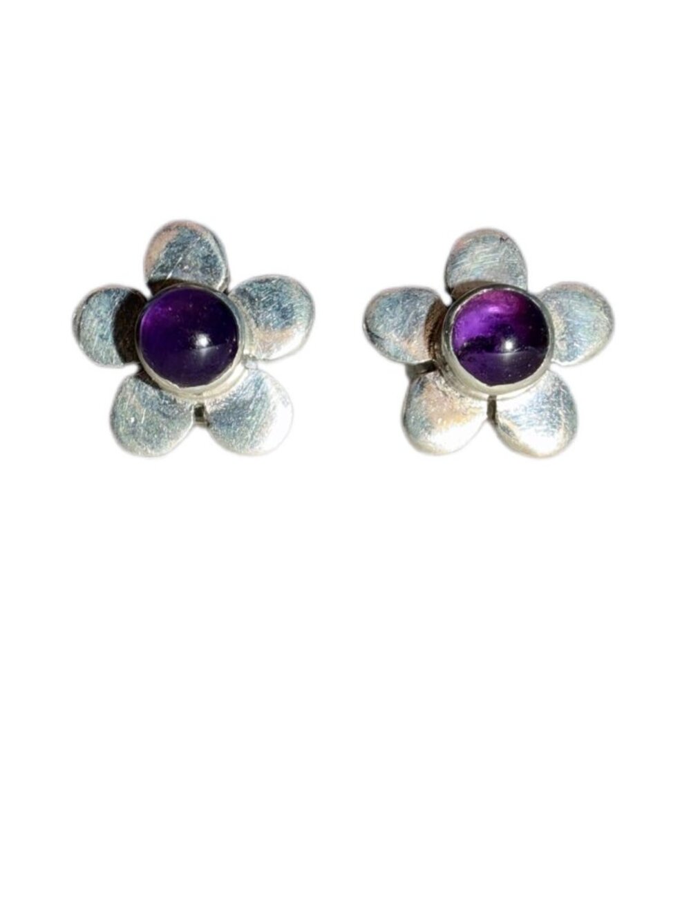 Vintage Sterling Silver 925 Amethyst Flower Stud Earrings (3/8" / 9.5mm)
